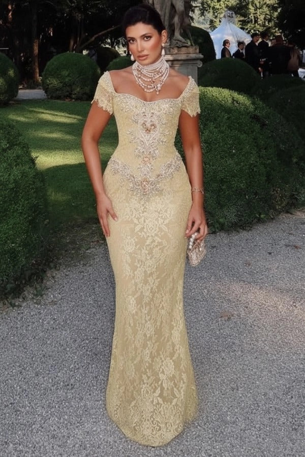 Off-Shoulder Scalloped Lace Cap Sleeve Crystal Beaded Floral Appliqué All-Over Lace Column Evening Dress Sweep Train