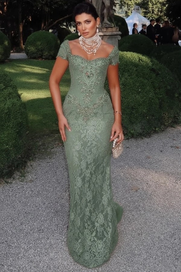 Off-Shoulder Scalloped Lace Cap Sleeve Crystal Beaded Floral Appliqué All-Over Lace Column Evening Dress Sweep Train