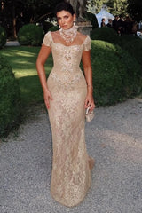 Off-Shoulder Scalloped Lace Cap Sleeve Crystal Beaded Floral Appliqué All-Over Lace Column Evening Dress Sweep Train