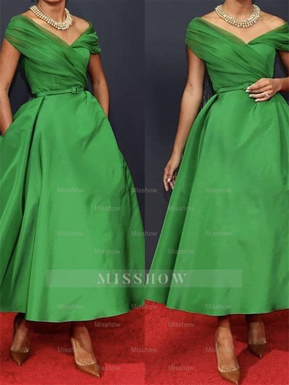 Off-Shoulder Sleeveless A-Line Ruched Ankle-Length Dress for the Mother of the Bride