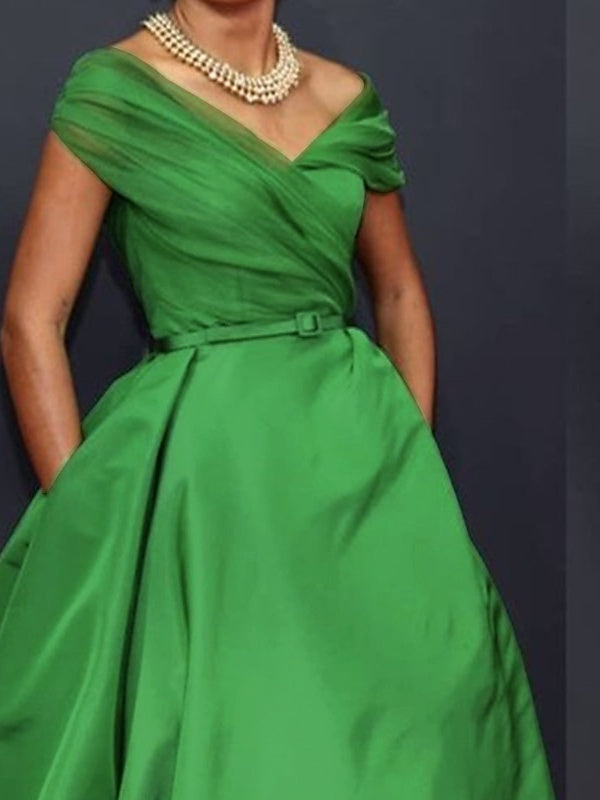 Off-Shoulder Sleeveless A-Line Ruched Ankle-Length Dress for the Mother of the Bride