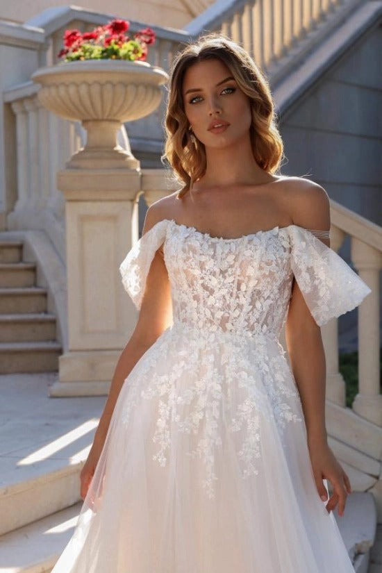 Off-Shoulder Straight Neckline Flutter Ruffle Sleeves Illusion Visible Boning Lace-Up Corset 3D Butterfly Leaf Appliqué A-Line Wedding Dress Chapel Train