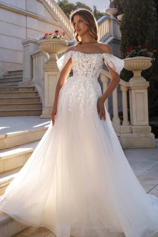 Off-Shoulder Straight Neckline Flutter Ruffle Sleeves Illusion Visible Boning Lace-Up Corset 3D Butterfly Leaf Appliqué A-Line Wedding Dress Chapel Train