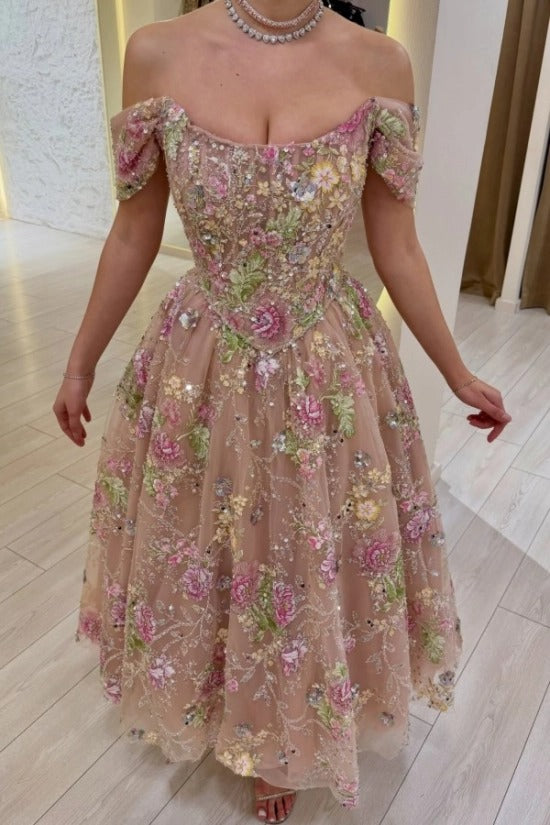 Off-Shoulder Sweetheart Floral Embroidered Sequin Tulle A-Line Tea Length Dress Detachable Cape