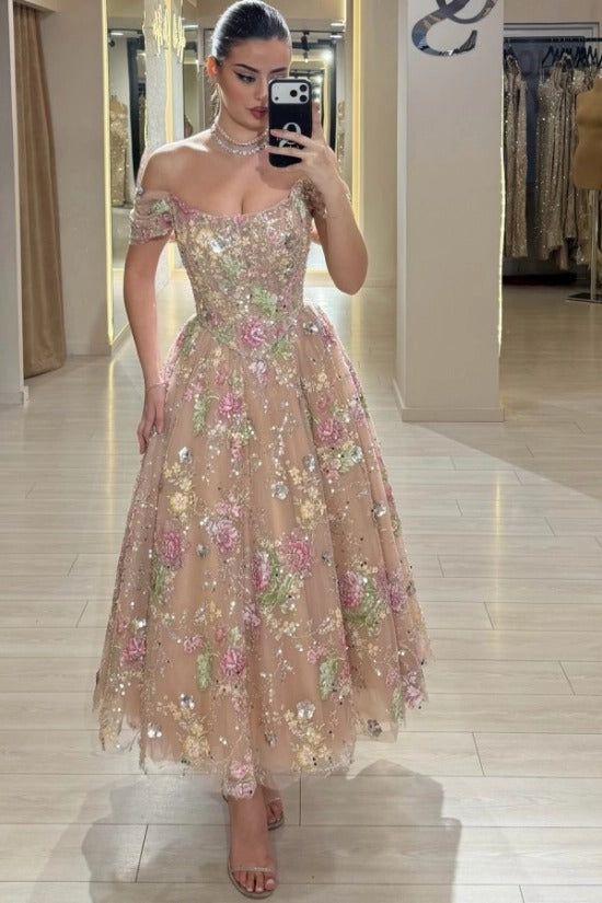Off-Shoulder Sweetheart Floral Embroidered Sequin Tulle A-Line Tea Length Dress Detachable Cape