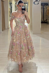 Off-Shoulder Sweetheart Floral Embroidered Sequin Tulle A-Line Tea Length Dress Detachable Cape