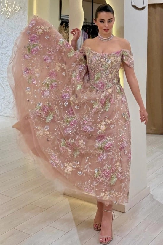 Off-Shoulder Sweetheart Floral Embroidered Sequin Tulle A-Line Tea Length Dress Detachable Cape