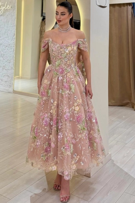 Off-Shoulder Sweetheart Floral Embroidered Sequin Tulle A-Line Tea Length Dress Detachable Cape