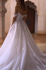Off-Shoulder Sweetheart Illusion Visible Boning Corset Radiating Pearl Cascade 3D Lace Floral Appliqué Sparkle Tulle Ball Gown Wedding Dress Cathedral Train