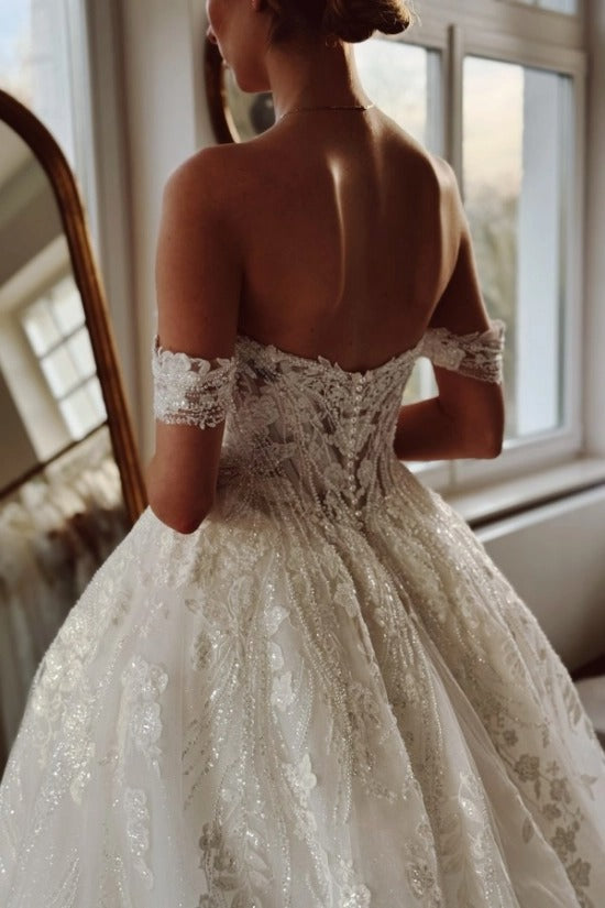 Off-Shoulder Sweetheart Illusion Visible Boning Corset Radiating Pearl Cascade 3D Lace Floral Appliqué Sparkle Tulle Ball Gown Wedding Dress Cathedral Train