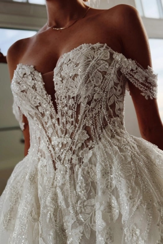 Off-Shoulder Sweetheart Illusion Visible Boning Corset Radiating Pearl Cascade 3D Lace Floral Appliqué Sparkle Tulle Ball Gown Wedding Dress Cathedral Train