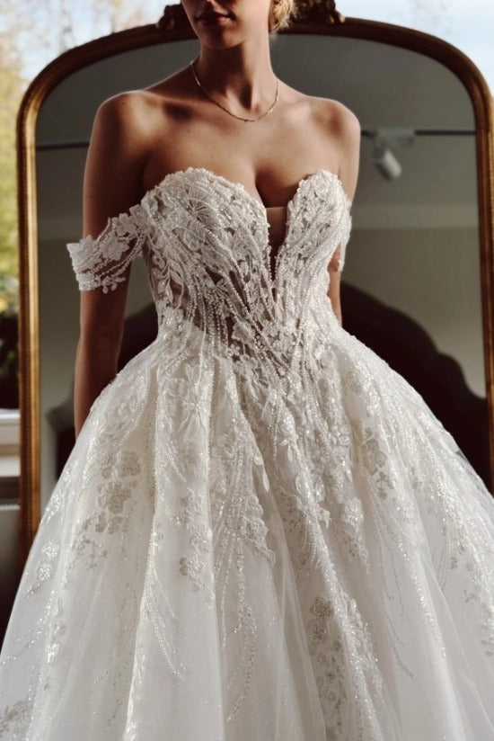 Off-Shoulder Sweetheart Illusion Visible Boning Corset Radiating Pearl Cascade 3D Lace Floral Appliqué Sparkle Tulle Ball Gown Wedding Dress Cathedral Train