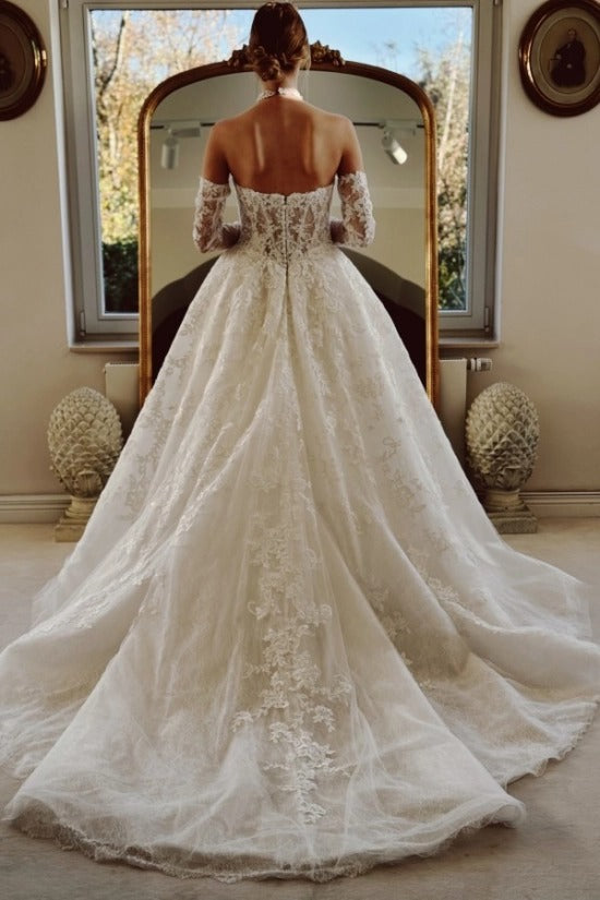 Off-Shoulder Sweetheart Illusion Visible Boning Lace-Up Corset Pearl Chain Cascade Bust 3D Lace Floral Appliqué Long Sleeve Ball Gown Wedding Dress Cathedral Train