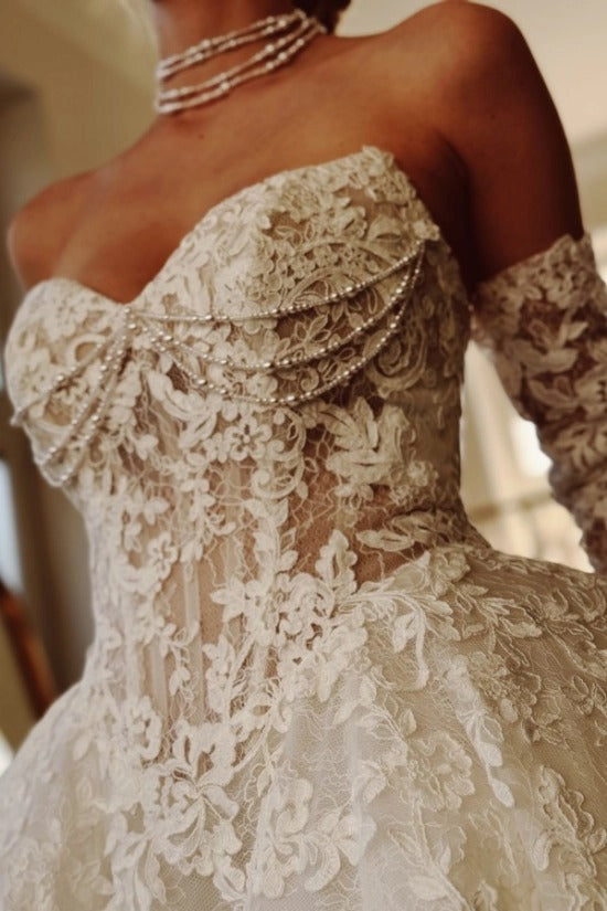 Off-Shoulder Sweetheart Illusion Visible Boning Lace-Up Corset Pearl Chain Cascade Bust 3D Lace Floral Appliqué Long Sleeve Ball Gown Wedding Dress Cathedral Train