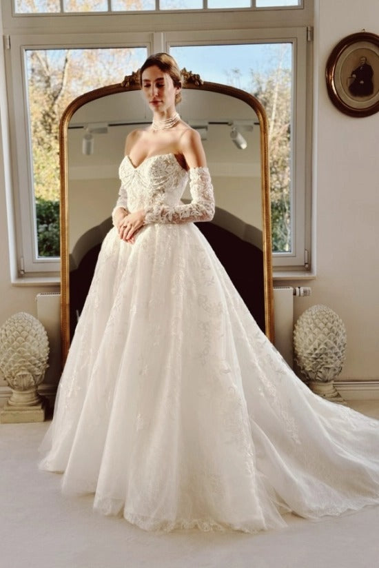 Off-Shoulder Sweetheart Illusion Visible Boning Lace-Up Corset Pearl Chain Cascade Bust 3D Lace Floral Appliqué Long Sleeve Ball Gown Wedding Dress Cathedral Train