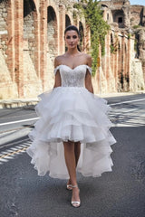 Off-Shoulder Sweetheart Lace Corset Multi-Tier Ruffle Organza Hi-Low Wedding Dress Princess Bridal