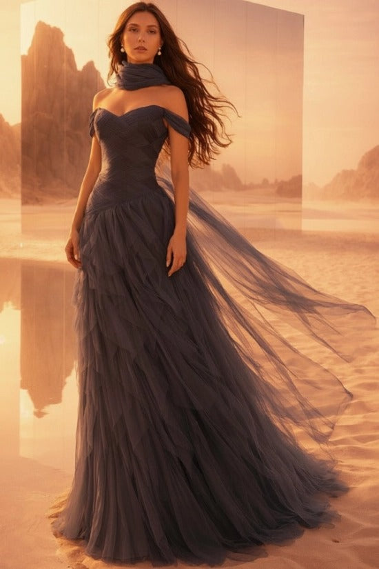 Off-Shoulder Sweetheart Multi-Tier Horizontal Ruched Tulle A-Line Dress Single Halter Neck Scarf Ribbon Sweep Train Prom Evening Dress