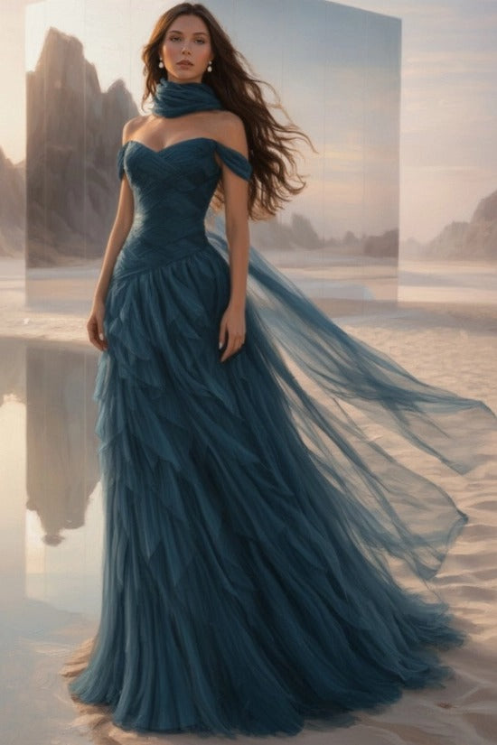 Off-Shoulder Sweetheart Multi-Tier Horizontal Ruched Tulle A-Line Dress Single Halter Neck Scarf Ribbon Sweep Train Prom Evening Dress