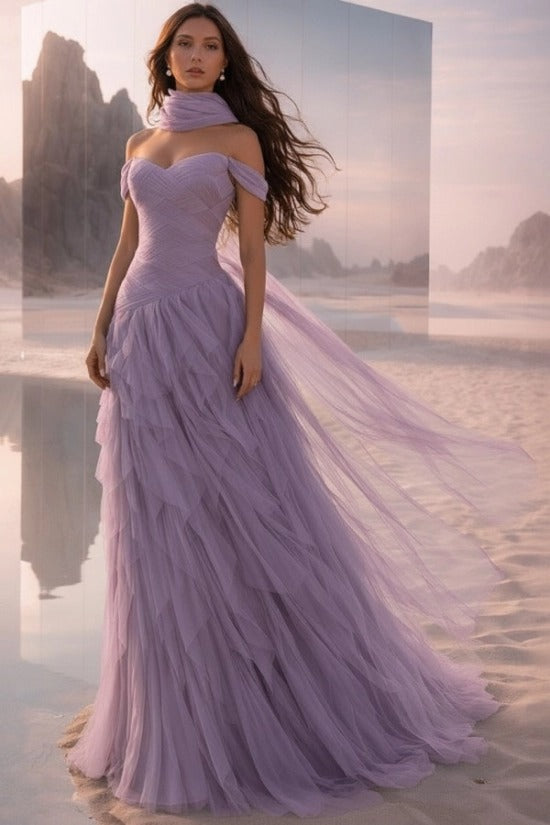 Off-Shoulder Sweetheart Multi-Tier Horizontal Ruched Tulle A-Line Dress Single Halter Neck Scarf Ribbon Sweep Train Prom Evening Dress