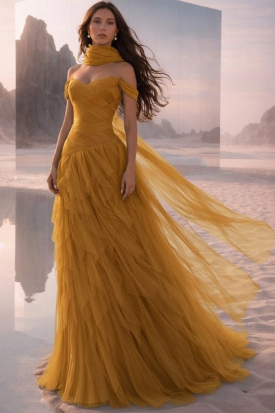Off-Shoulder Sweetheart Multi-Tier Horizontal Ruched Tulle A-Line Dress Single Halter Neck Scarf Ribbon Sweep Train Prom Evening Dress
