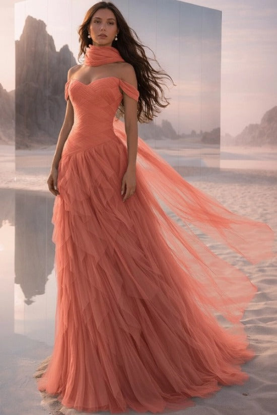 Off-Shoulder Sweetheart Multi-Tier Horizontal Ruched Tulle A-Line Dress Single Halter Neck Scarf Ribbon Sweep Train Prom Evening Dress