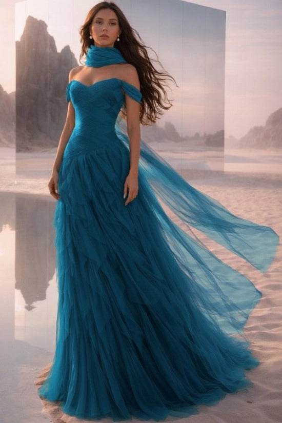 Off-Shoulder Sweetheart Multi-Tier Horizontal Ruched Tulle A-Line Dress Single Halter Neck Scarf Ribbon Sweep Train Prom Evening Dress