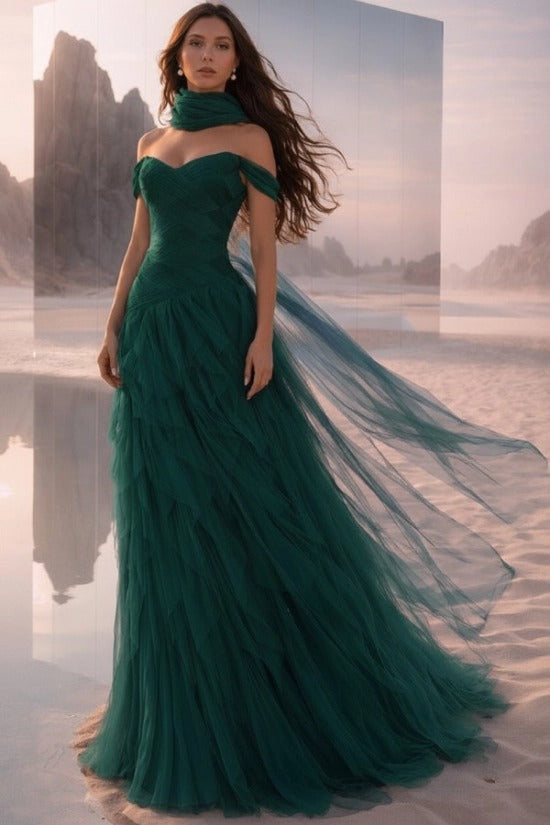 Off-Shoulder Sweetheart Multi-Tier Horizontal Ruched Tulle A-Line Dress Single Halter Neck Scarf Ribbon Sweep Train Prom Evening Dress