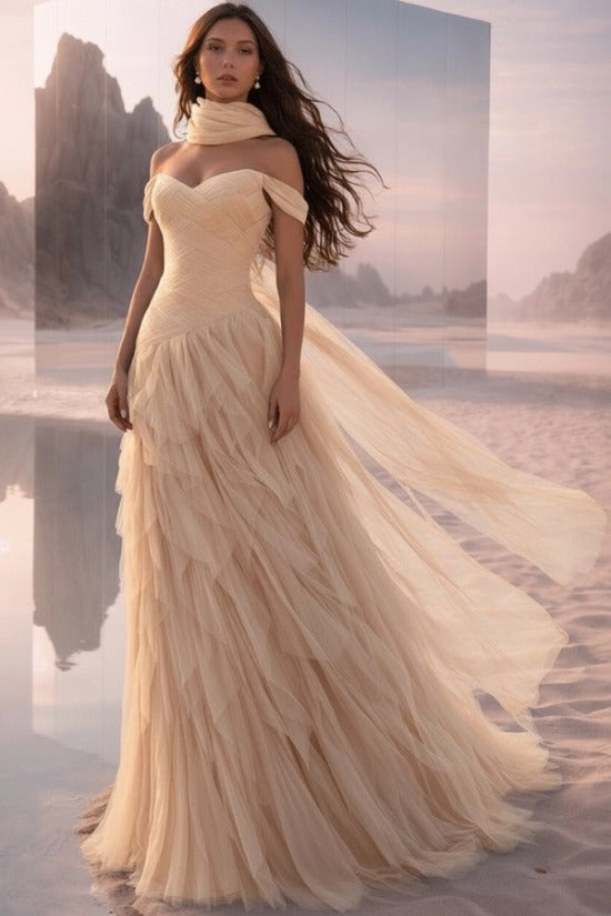 Off-Shoulder Sweetheart Multi-Tier Horizontal Ruched Tulle A-Line Dress Single Halter Neck Scarf Ribbon Sweep Train Prom Evening Dress
