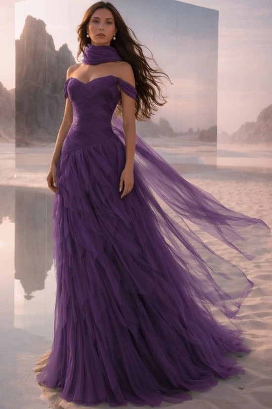 Off-Shoulder Sweetheart Multi-Tier Horizontal Ruched Tulle A-Line Dress Single Halter Neck Scarf Ribbon Sweep Train Prom Evening Dress