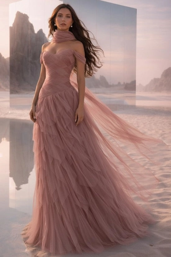 Off-Shoulder Sweetheart Multi-Tier Horizontal Ruched Tulle A-Line Dress Single Halter Neck Scarf Ribbon Sweep Train Prom Evening Dress