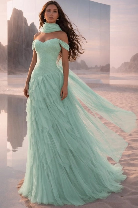 Off-Shoulder Sweetheart Multi-Tier Horizontal Ruched Tulle A-Line Dress Single Halter Neck Scarf Ribbon Sweep Train Prom Evening Dress