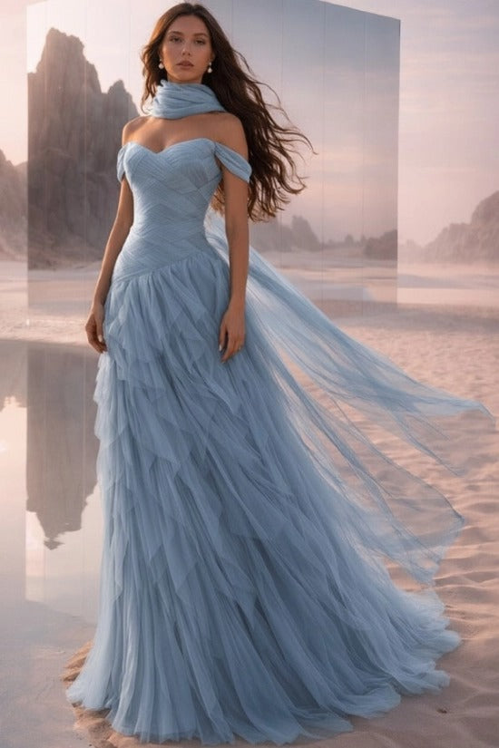 Off-Shoulder Sweetheart Multi-Tier Horizontal Ruched Tulle A-Line Dress Single Halter Neck Scarf Ribbon Sweep Train Prom Evening Dress