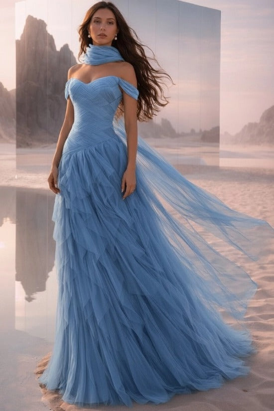 Off-Shoulder Sweetheart Multi-Tier Horizontal Ruched Tulle A-Line Dress Single Halter Neck Scarf Ribbon Sweep Train Prom Evening Dress