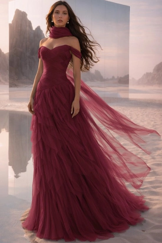 Off-Shoulder Sweetheart Multi-Tier Horizontal Ruched Tulle A-Line Dress Single Halter Neck Scarf Ribbon Sweep Train Prom Evening Dress