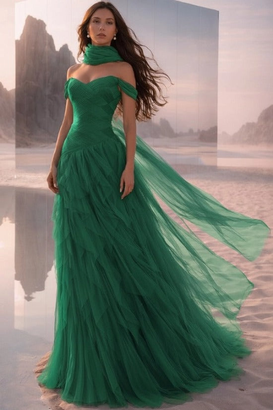 Off-Shoulder Sweetheart Multi-Tier Horizontal Ruched Tulle A-Line Dress Single Halter Neck Scarf Ribbon Sweep Train Prom Evening Dress
