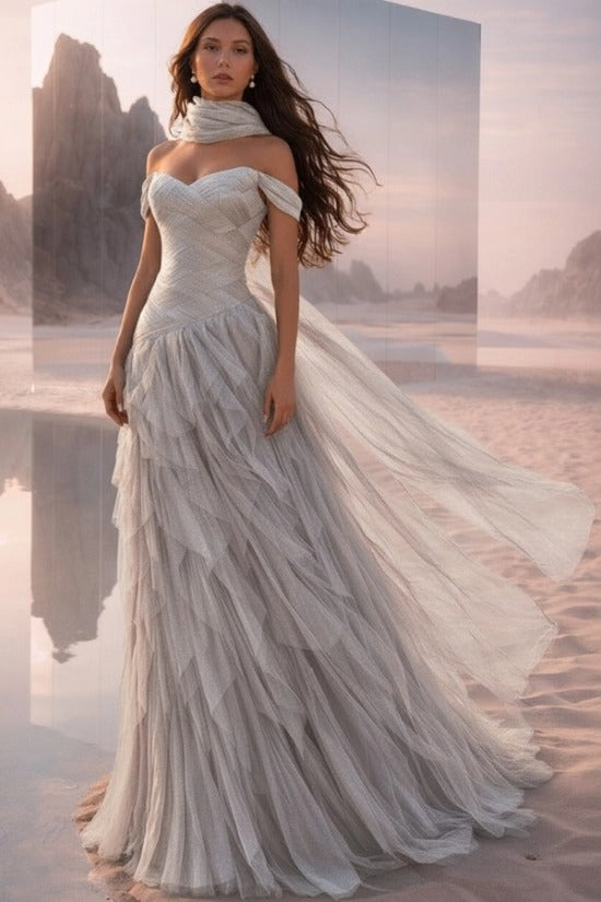 Off-Shoulder Sweetheart Multi-Tier Horizontal Ruched Tulle A-Line Dress Single Halter Neck Scarf Ribbon Sweep Train Prom Evening Dress
