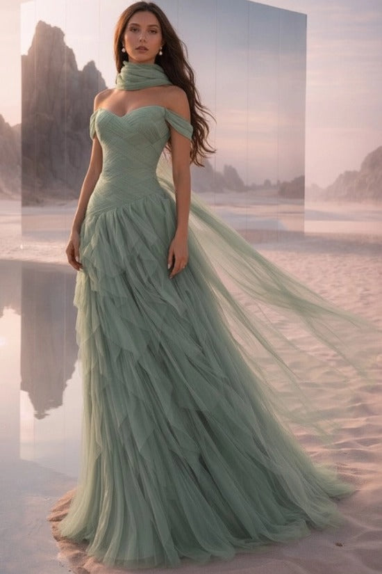 Off-Shoulder Sweetheart Multi-Tier Horizontal Ruched Tulle A-Line Dress Single Halter Neck Scarf Ribbon Sweep Train Prom Evening Dress