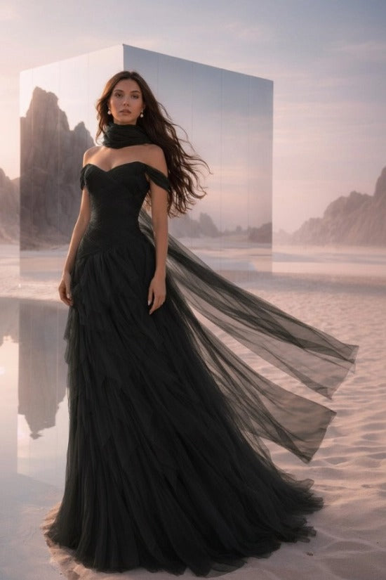 Off-Shoulder Sweetheart Multi-Tier Horizontal Ruched Tulle A-Line Dress Single Halter Neck Scarf Ribbon Sweep Train Prom Evening Dress