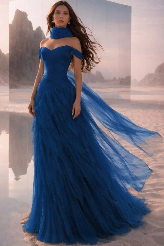 Off-Shoulder Sweetheart Multi-Tier Horizontal Ruched Tulle A-Line Dress Single Halter Neck Scarf Ribbon Sweep Train Prom Evening Dress