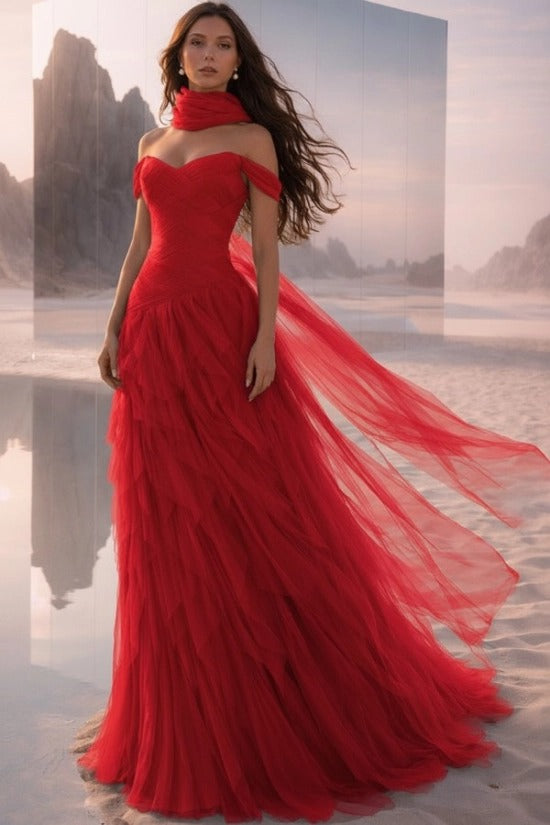 Off-Shoulder Sweetheart Multi-Tier Horizontal Ruched Tulle A-Line Dress Single Halter Neck Scarf Ribbon Sweep Train Prom Evening Dress