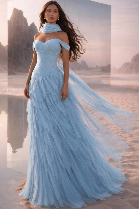 Off-Shoulder Sweetheart Multi-Tier Horizontal Ruched Tulle A-Line Dress Single Halter Neck Scarf Ribbon Sweep Train Prom Evening Dress