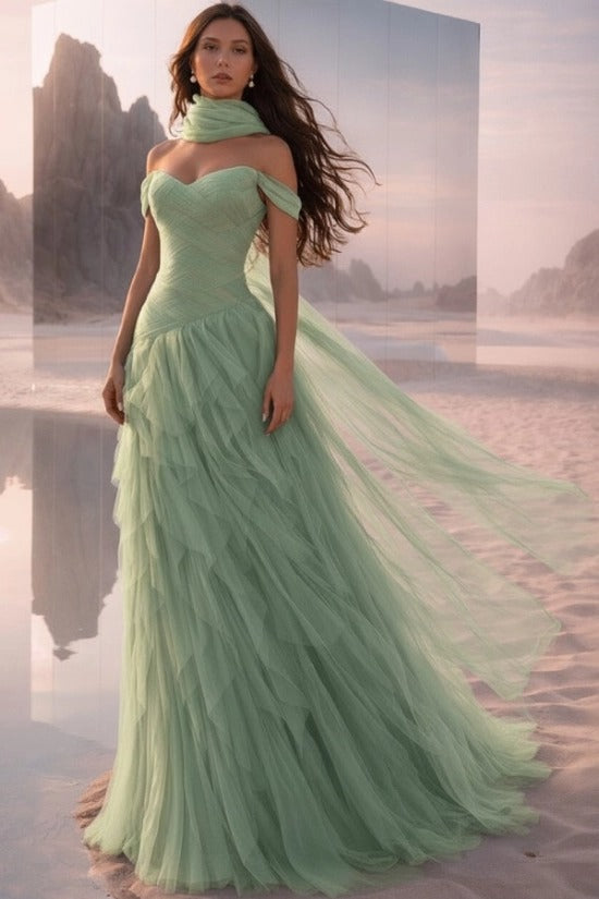 Off-Shoulder Sweetheart Multi-Tier Horizontal Ruched Tulle A-Line Dress Single Halter Neck Scarf Ribbon Sweep Train Prom Evening Dress