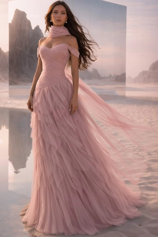 Off-Shoulder Sweetheart Multi-Tier Horizontal Ruched Tulle A-Line Dress Single Halter Neck Scarf Ribbon Sweep Train Prom Evening Dress