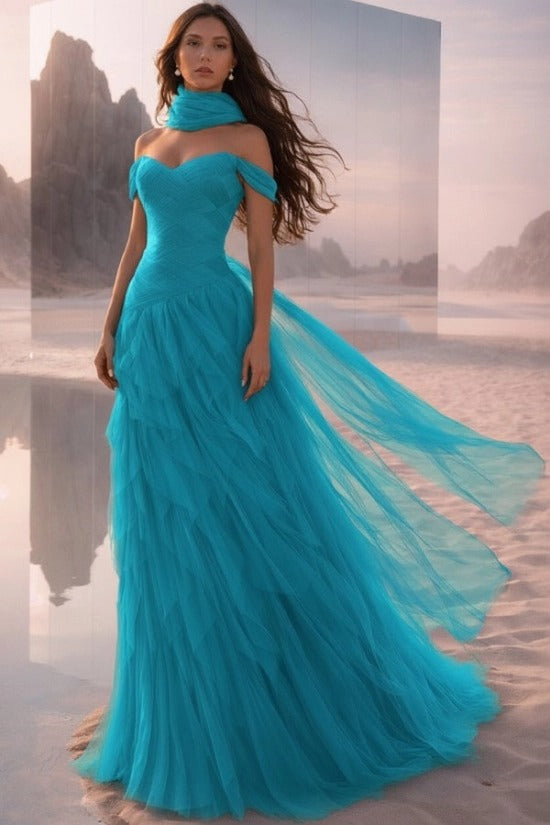 Off-Shoulder Sweetheart Multi-Tier Horizontal Ruched Tulle A-Line Dress Single Halter Neck Scarf Ribbon Sweep Train Prom Evening Dress