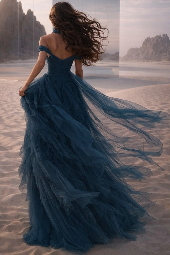 Off-Shoulder Sweetheart Multi-Tier Horizontal Ruched Tulle A-Line Dress Single Halter Neck Scarf Ribbon Sweep Train Prom Evening Dress