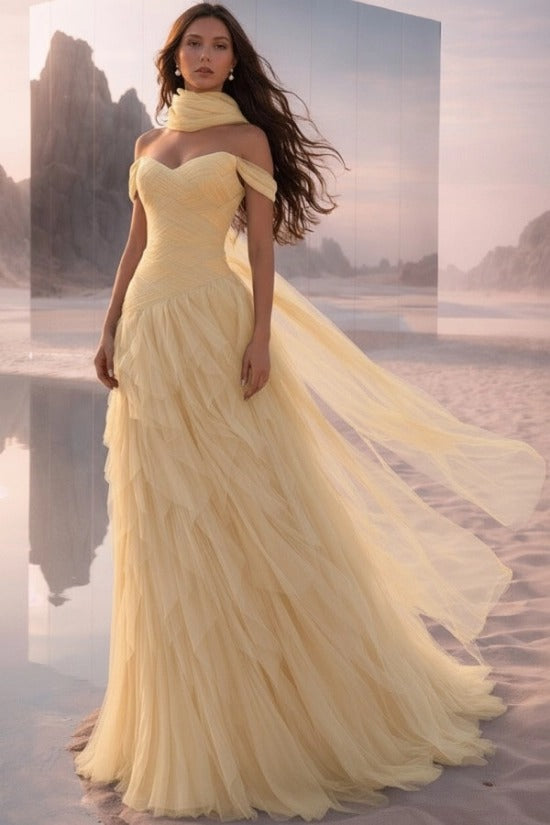 Off-Shoulder Sweetheart Multi-Tier Horizontal Ruched Tulle A-Line Dress Single Halter Neck Scarf Ribbon Sweep Train Prom Evening Dress