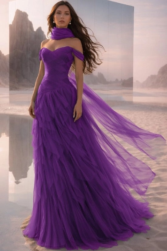 Off-Shoulder Sweetheart Multi-Tier Horizontal Ruched Tulle A-Line Dress Single Halter Neck Scarf Ribbon Sweep Train Prom Evening Dress