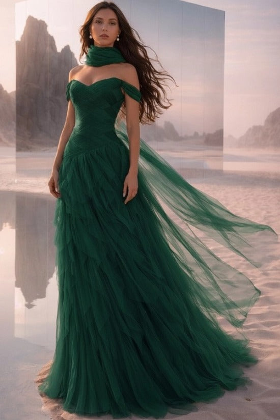 Off-Shoulder Sweetheart Multi-Tier Horizontal Ruched Tulle A-Line Dress Single Halter Neck Scarf Ribbon Sweep Train Prom Evening Dress