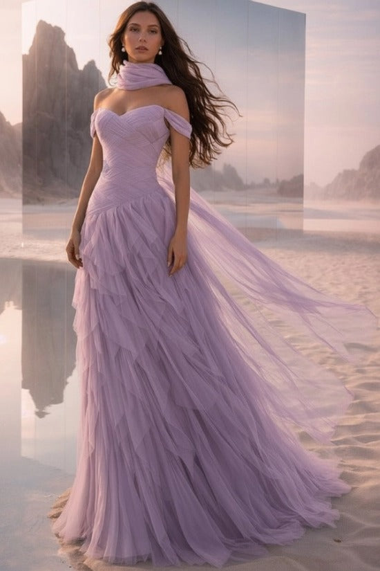 Off-Shoulder Sweetheart Multi-Tier Horizontal Ruched Tulle A-Line Dress Single Halter Neck Scarf Ribbon Sweep Train Prom Evening Dress