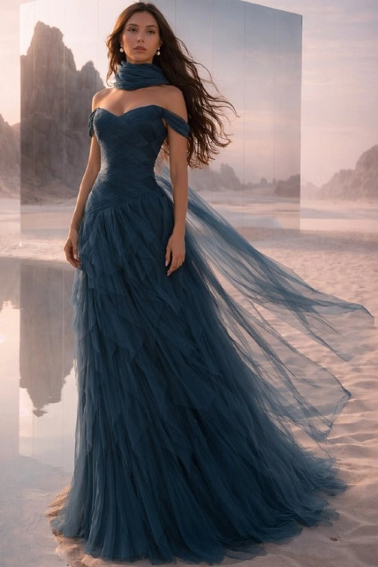 Off-Shoulder Sweetheart Multi-Tier Horizontal Ruched Tulle A-Line Dress Single Halter Neck Scarf Ribbon Sweep Train Prom Evening Dress